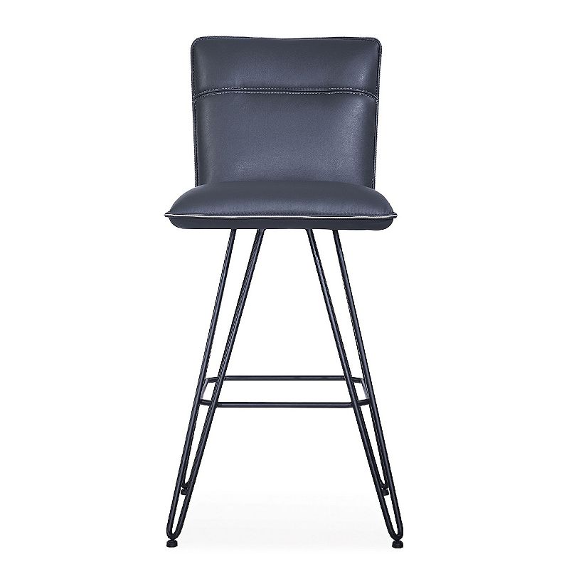 Metal Leather Upholstered Bar Height Stool with Hairpin Style Legs， Set of 2， Blue and Black