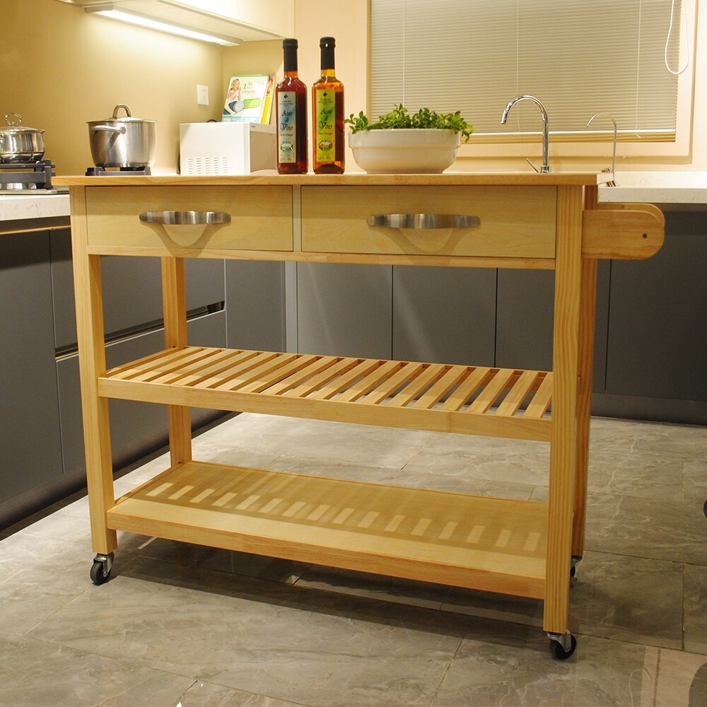 Simple Design Kitchen Island Cart  Double Display Shelves and 2 Drawer with Towel Rack Solid Wood Top