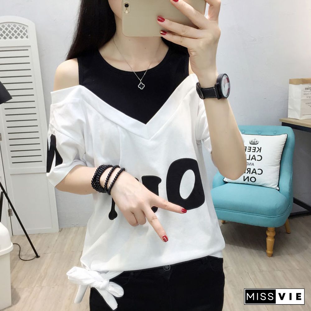 Women T Shirt Off Shoulder Summer Top For Women Short Sleeve Kawaii T-Shirt Women O- Neck Cotton Funny T Shirts White Clothes