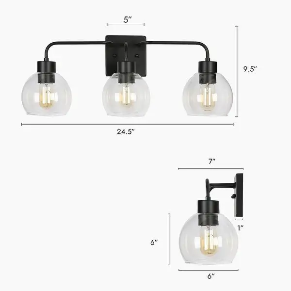 3-Light Modern Black Bathroom Vanity Lights Linear Wall Sconce with Globe Glass - 24.5