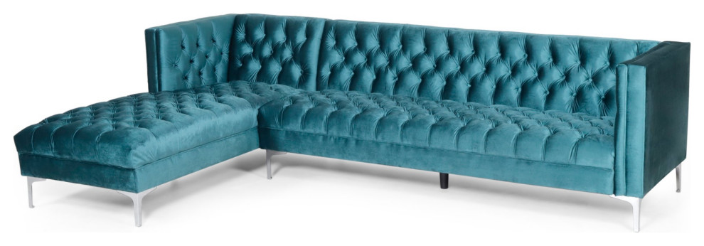 Contemporary Sectional Sofa  Silver Legs  ampPadded Button Tufted Teal Velvet Seat   Midcentury   Sectional Sofas   by Decorn  Houzz