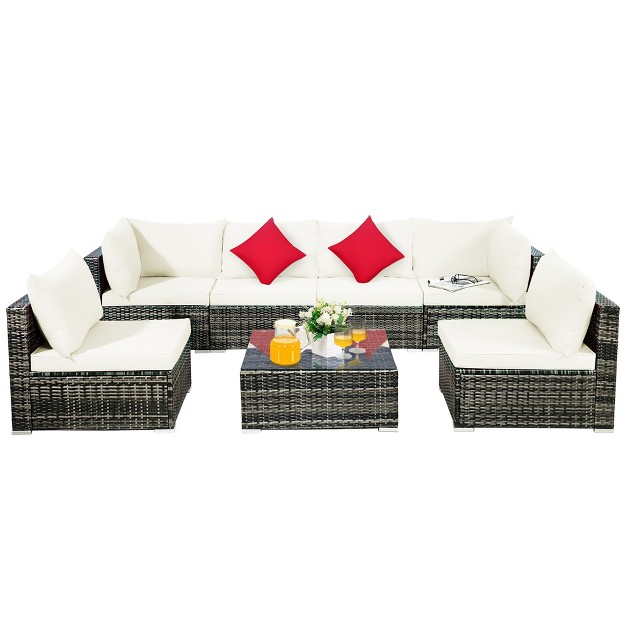 Costway 7pcs Patio Rattan Furniture Set Sectional Sofa Garden White Cushion