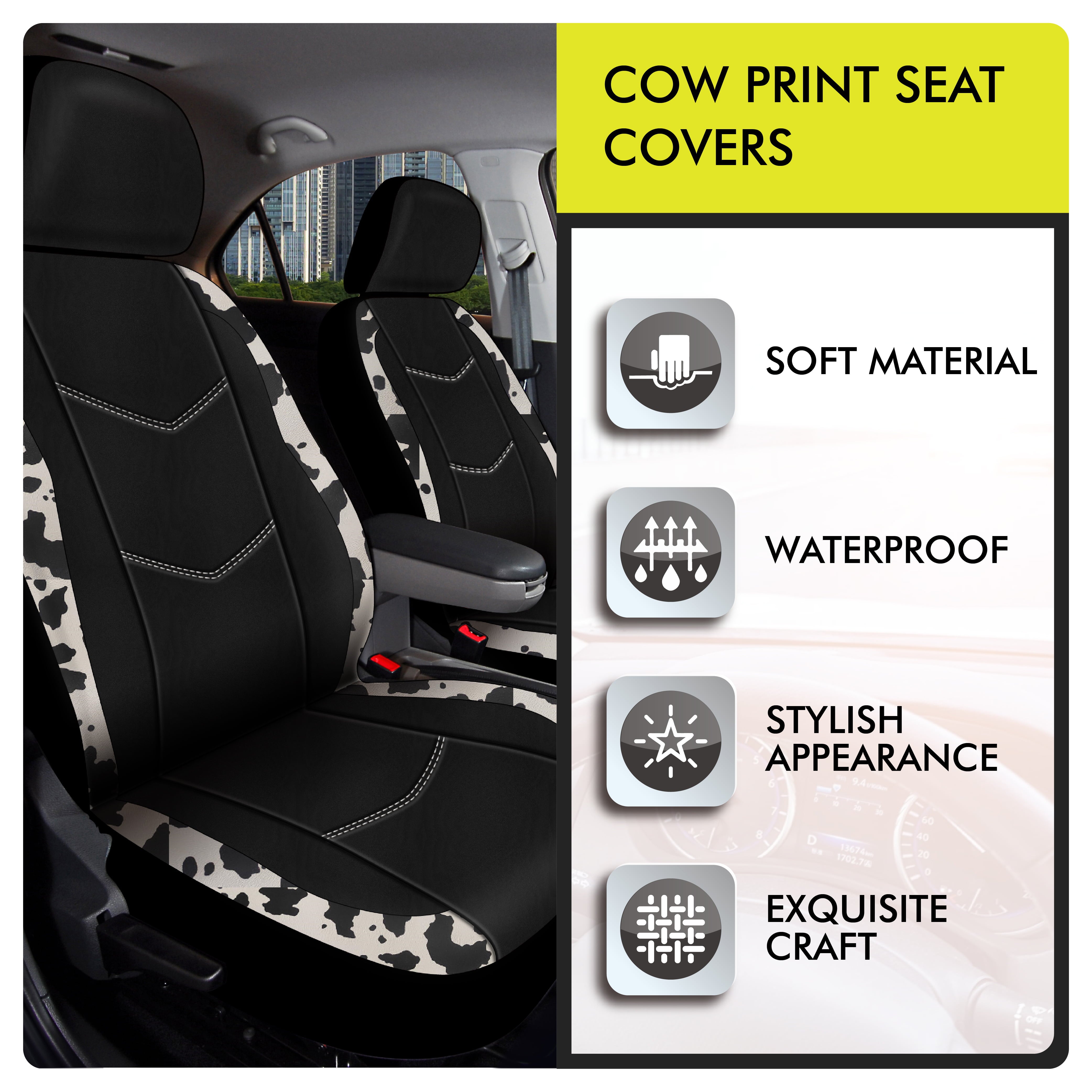 Auto Drive Black，White Cow Faux Leather Car Seat and Headrest Cover， Set of 2， HP211126