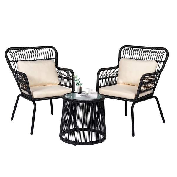 3 Piece Outdoor Wicker Conversation Bistro Set，AllWeather Rattan Furniture Patio Chairs Set with Cushions