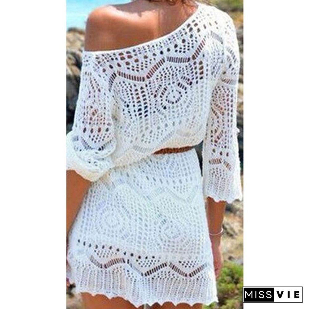 Womens White Summer Boho Lace Hollow Knit Bikini Swimwear Cover up Crochet Beach Mini Dress Tops Blouse