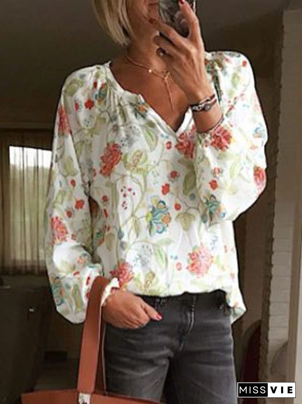 Floral-Print V Neck Long Sleeve Tops