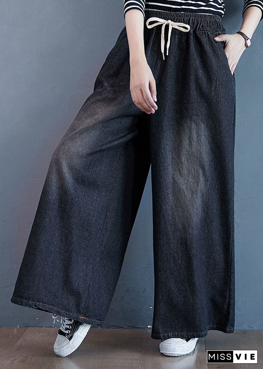 Black Pockets Patchwork Denim Wide Leg Pants Elastic Waist Spring