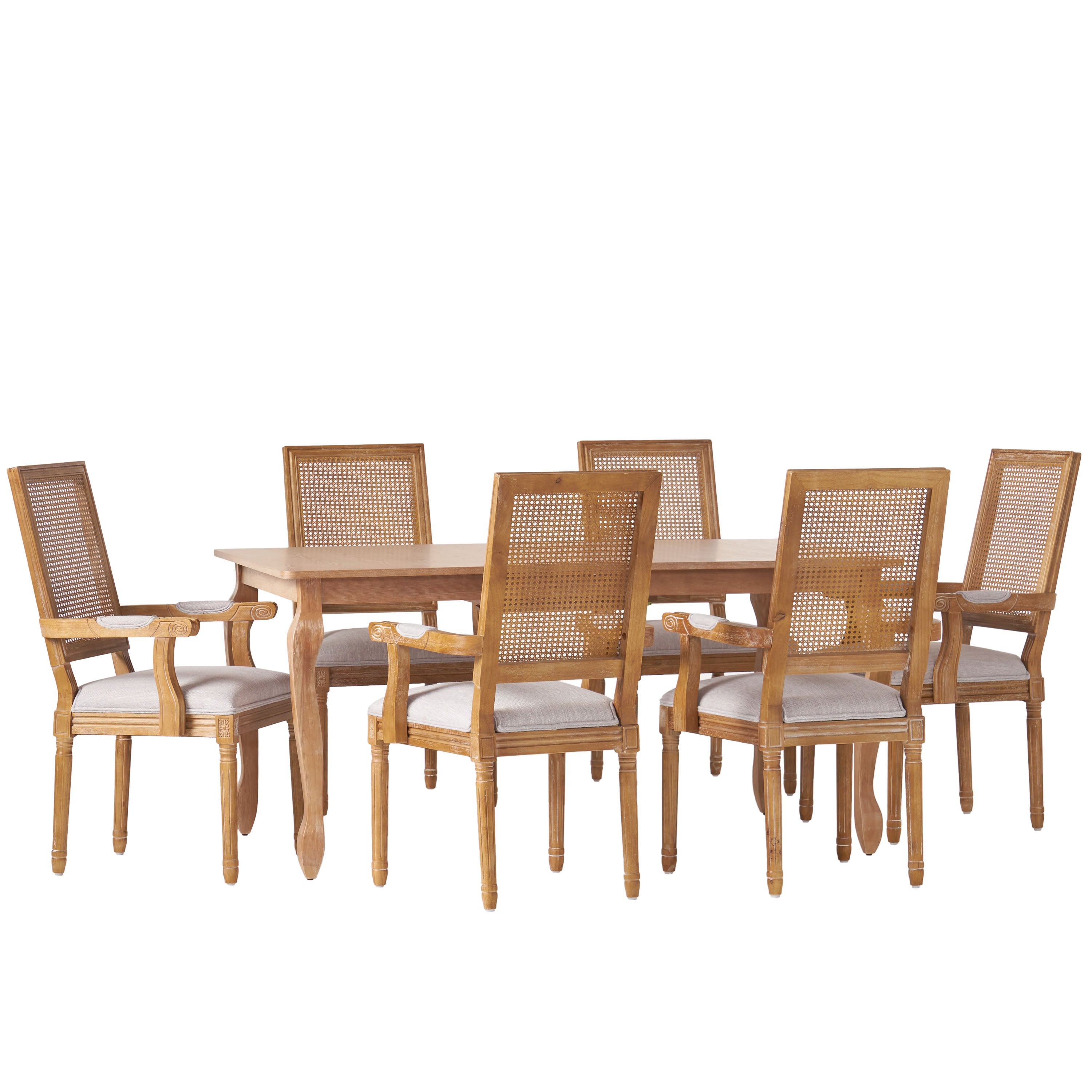 Regan French Country Fabric Upholstered Wood and Cane Expandable 7 Piece Dining Set