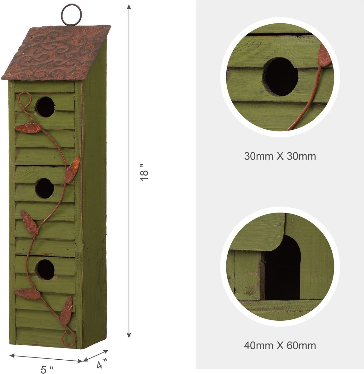 Glitzhome Distressed Solid Wood Birdhouse， Green