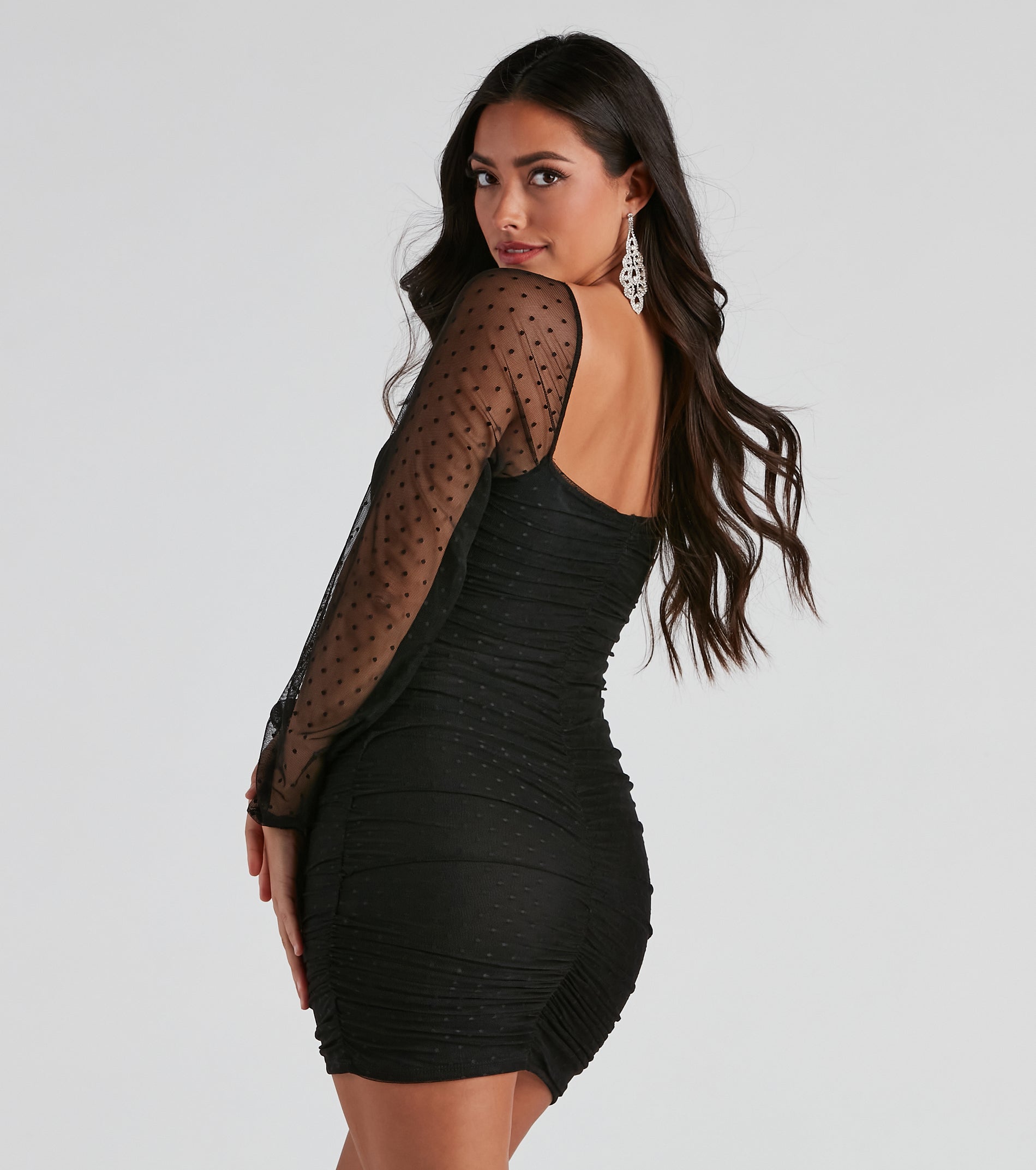 Hit The Spot Ruched Mesh Mini Dress