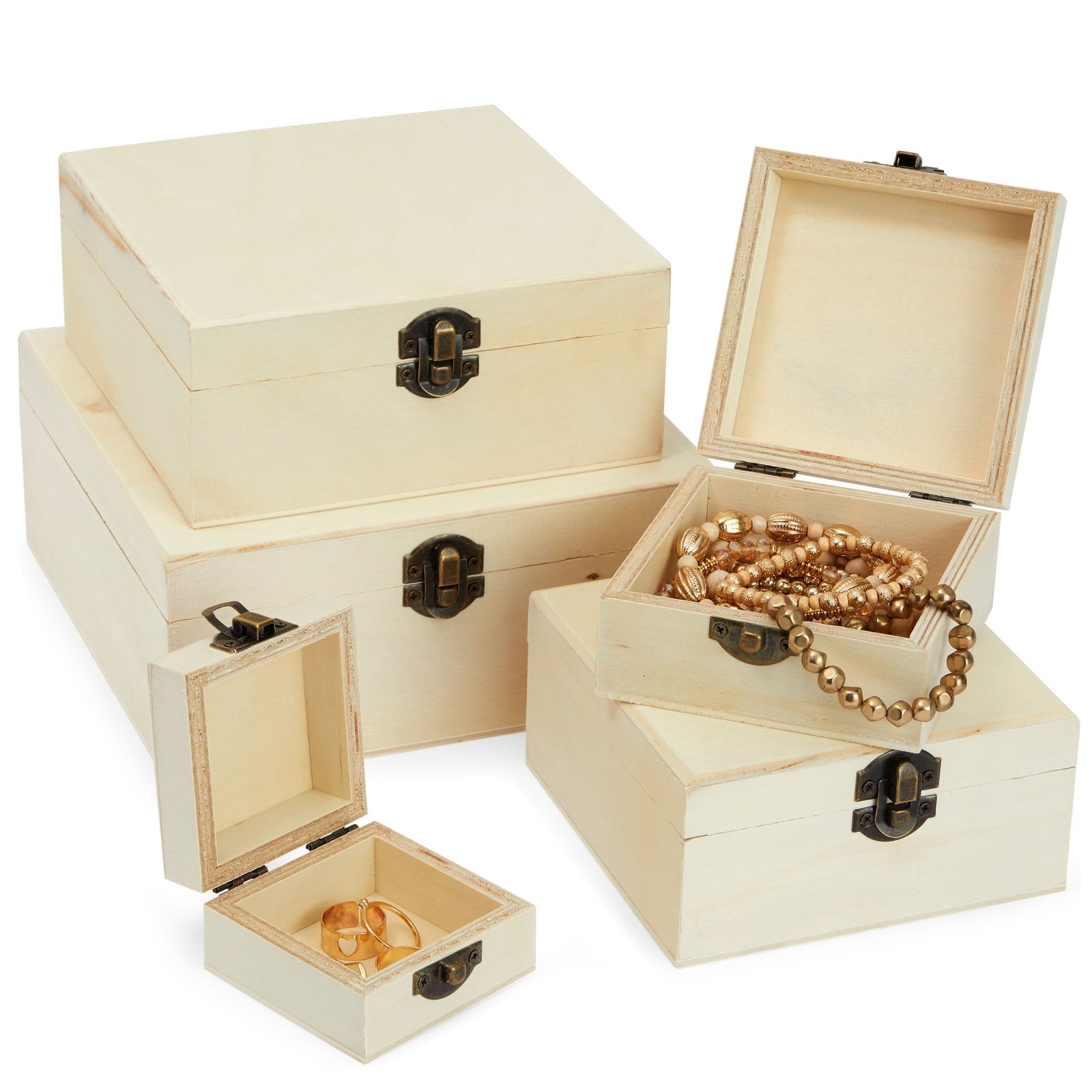 5 Piece Set of Unfinished Natural Wooden Boxes For Crafts with Magnetic Hinged Lid, Painting, Arts and Crafts