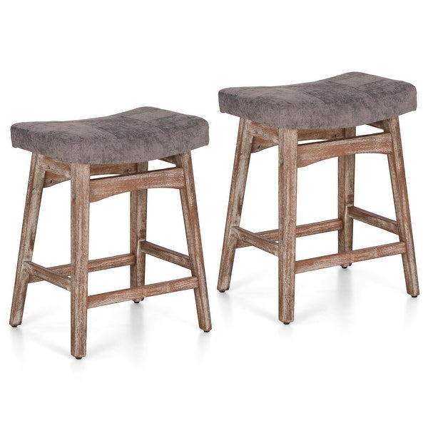 24 Inch Solid Wood Barstools with Linen / PU Leather Fabric Cushion， Set of 2