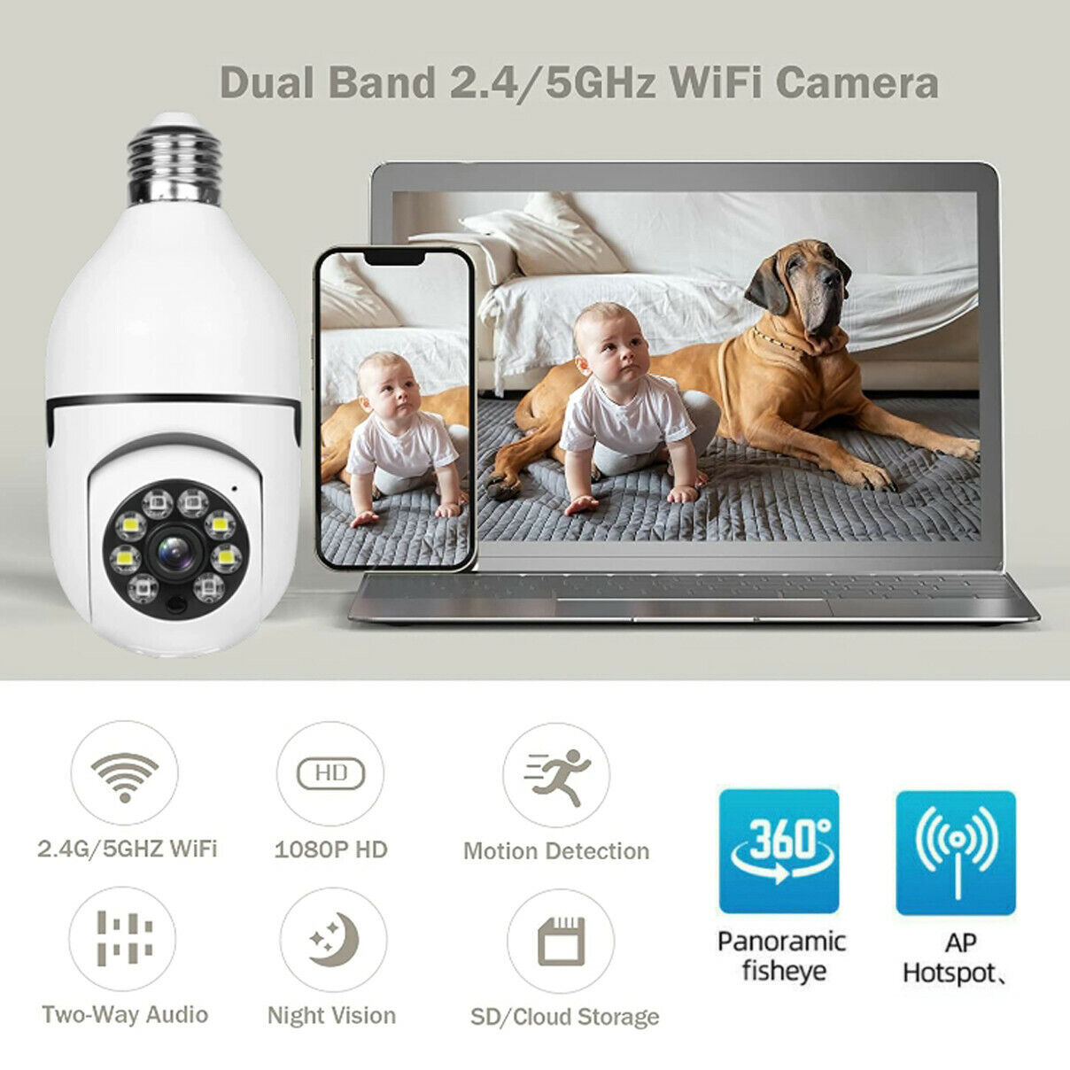 IZENGATE 360° Waterproof Wireless Camera Light Bulb Security Home Wifi Cam CCTV Monitor  Surveillance Camera Support 2.4G / 5G Wi-Fi 1080P HD Two Way Talk IP Camera