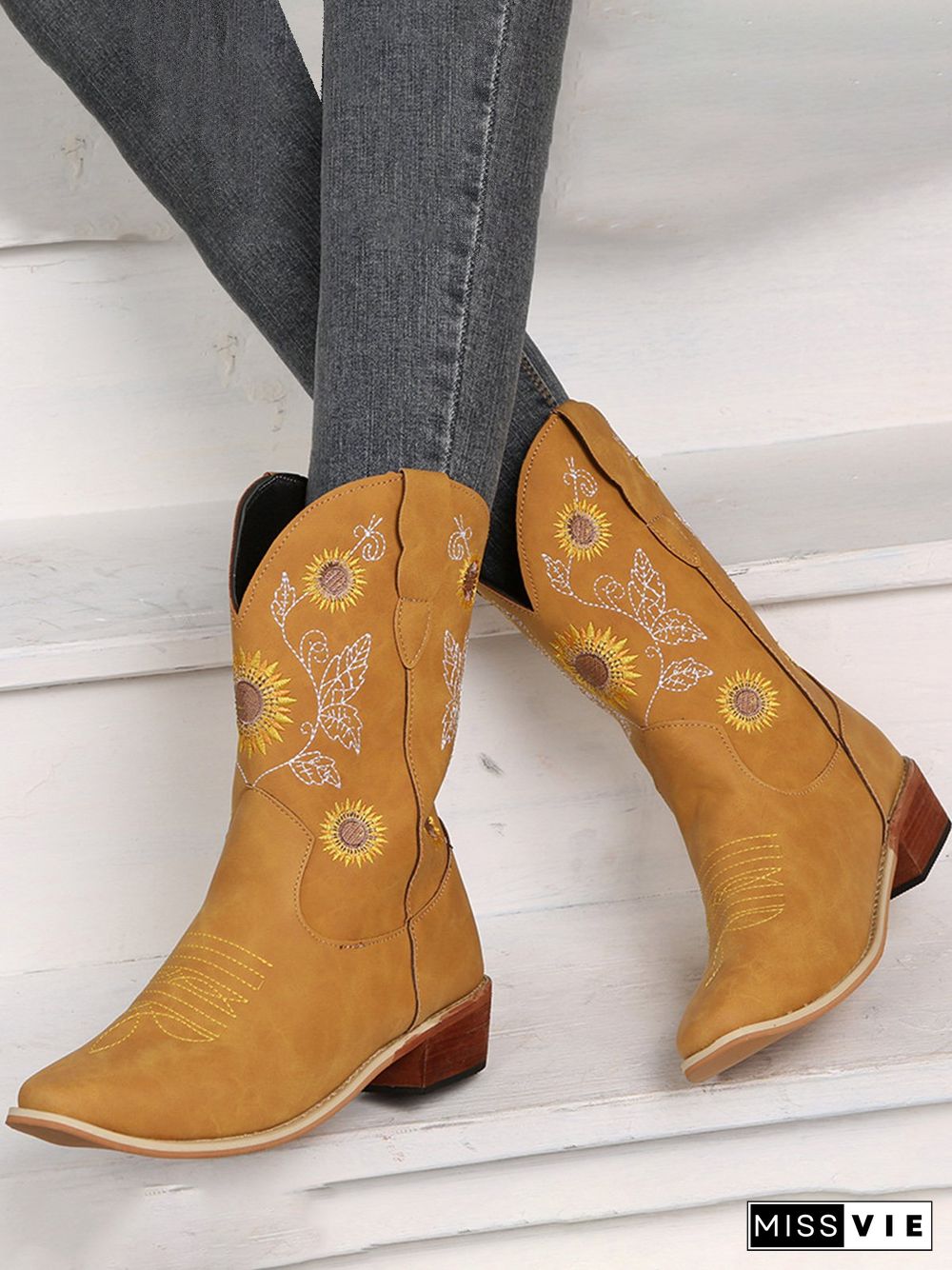 Sunflower Embroidery Boho Cowboy Boots