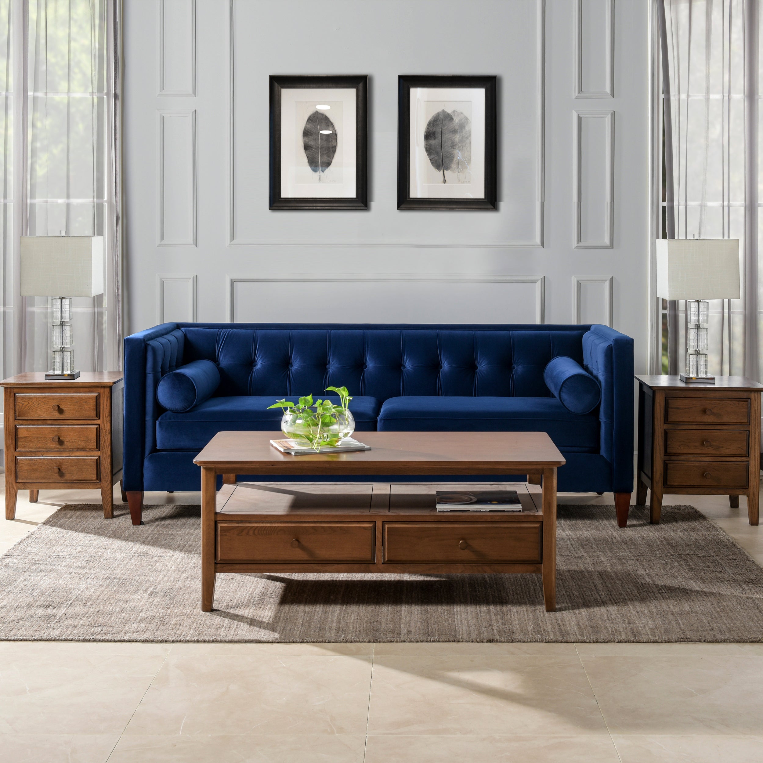 Jack Tufted Tuxedo Sofa Double Cushion, Navy Blue