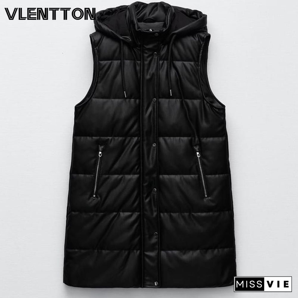 Winter Women Hooded Faux Leather Vests Coat Female Elegant Pockets Sleeveless Jacket Long Waistcoat