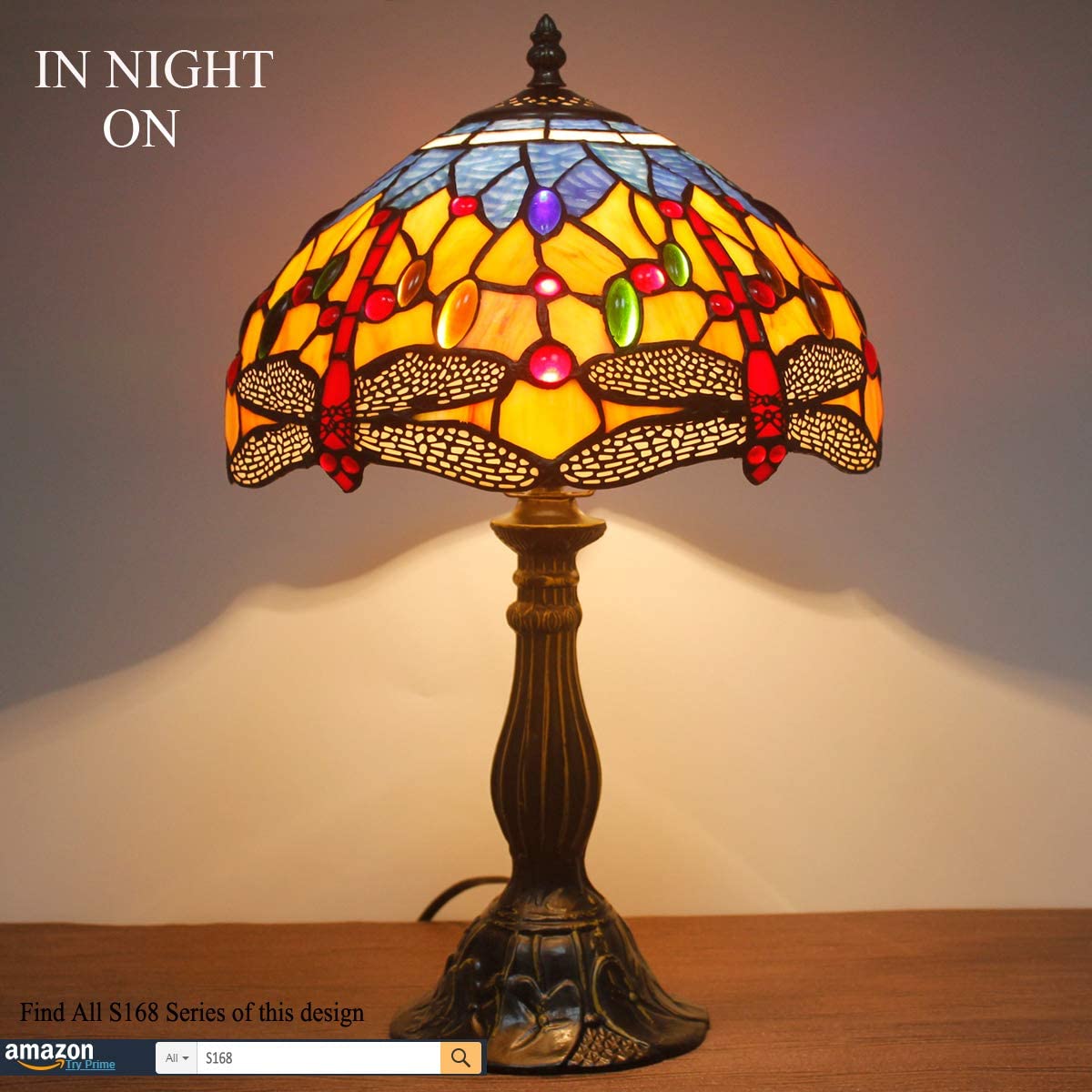 SHADY Tiffany Lamp Stained Glass Bedside Table Lamp Orange Blue Dragonfly Style Reading Desk Light 12X12X18 Inches Decor Bedroom Living Room Home Office S168 Series