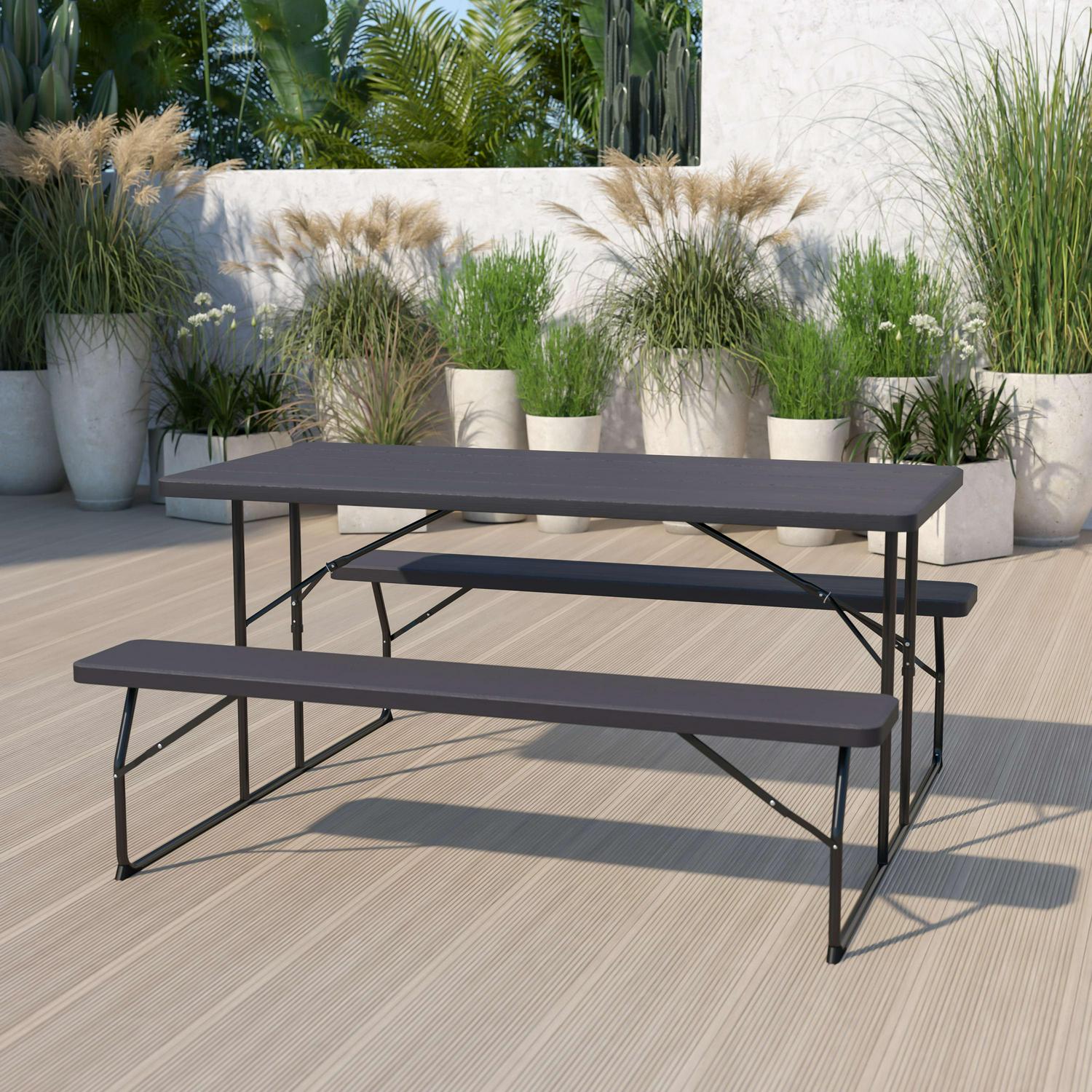 Flash Furniture Insta-Fold Charcoal Wood Grain Folding Picnic Table and Benches  4.5 Foot Folding Table