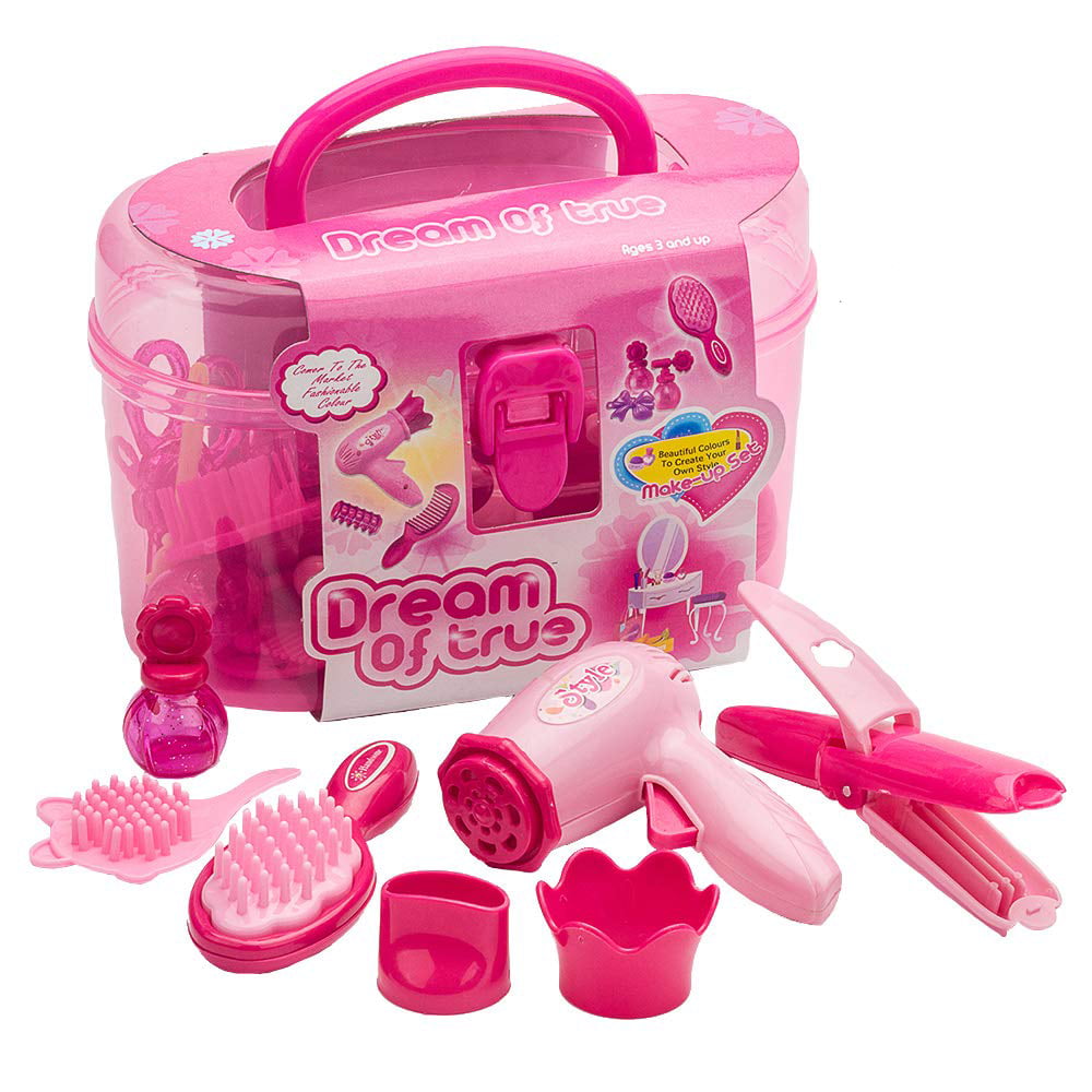 RNKR Girl Makeup Kit - Kids Real Washable Play Makeup Toy for Toddler Gifts Age 2 3 4 5 6 7， Hairdryer， Brush，Mirror and Styling(17pcs)