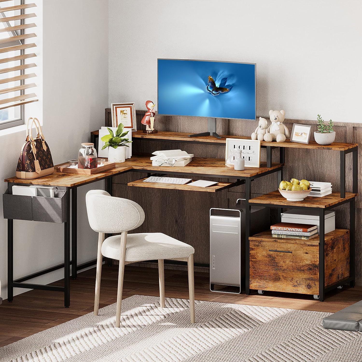 Corner Desk 66 inch Computer Desk L Shaped Study Writing Table with Power Outlet, Keyboard Tray, Drawer, Monitor Shelf