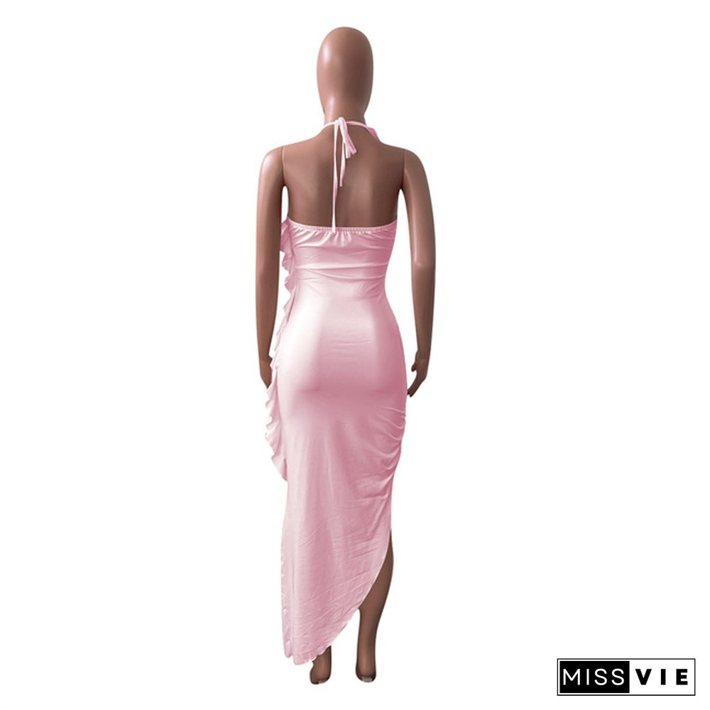 Elegant Solid Color Ruffles Women Summer Sexy Asymmetric Night Club Halter Bodycon Maxi Dress