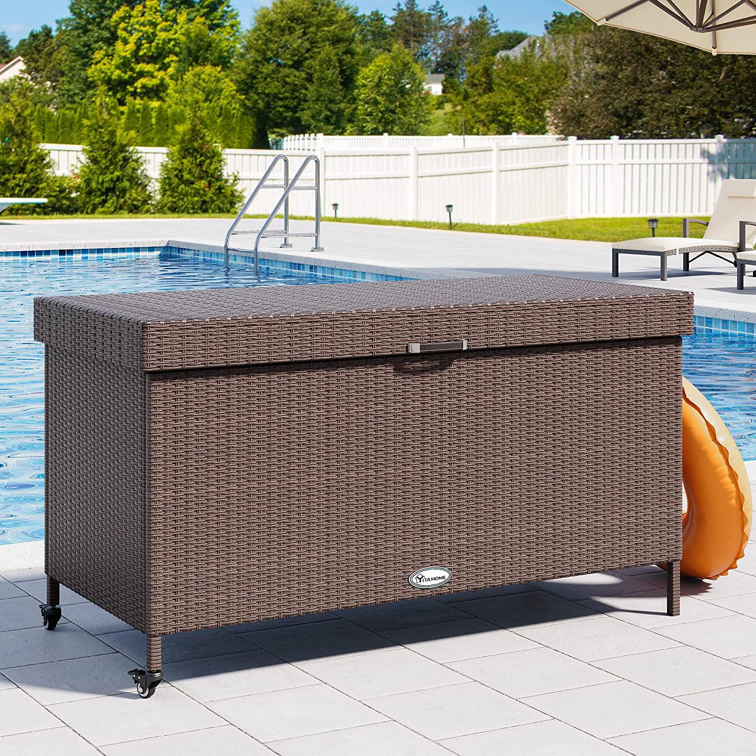 200 Gallon Large Wicker Deck Box w/Storage Net, Rattan XL Outdoor Storage Box Patio Cushion Storage, Waterproof Storage Box for Patio Furniture, Garden Tools, Pool Sports Equipment (Brown)