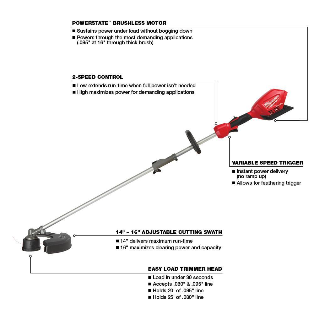 MW M18 FUEL 18V Lithium-Ion Brushless Cordless QUIK-LOK String Grass Trimmer wBrush Cutter  Hegde Trimmer Attachments 2825-20ST-49-16-2738-49-16-2719