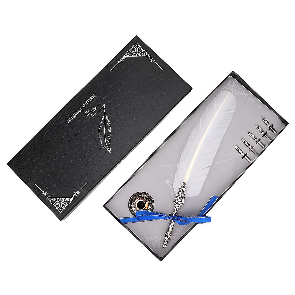 European Vintage Fountain Pen Feather Quill Dip Pen Set Stationery Gift With Gift Box (white)