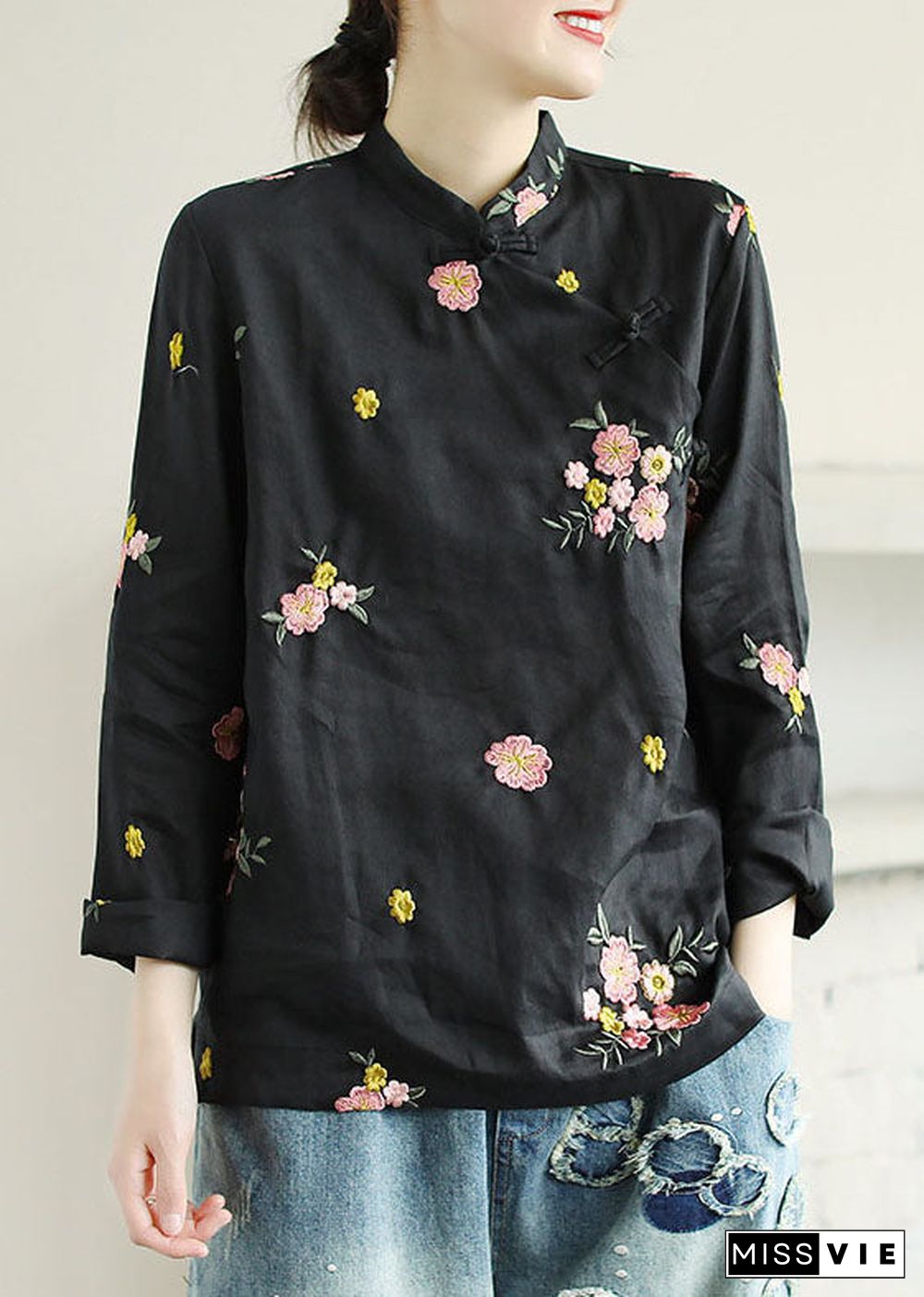 Black Patchwork Linen Shirt Top Embroideried Chinese Button Spring