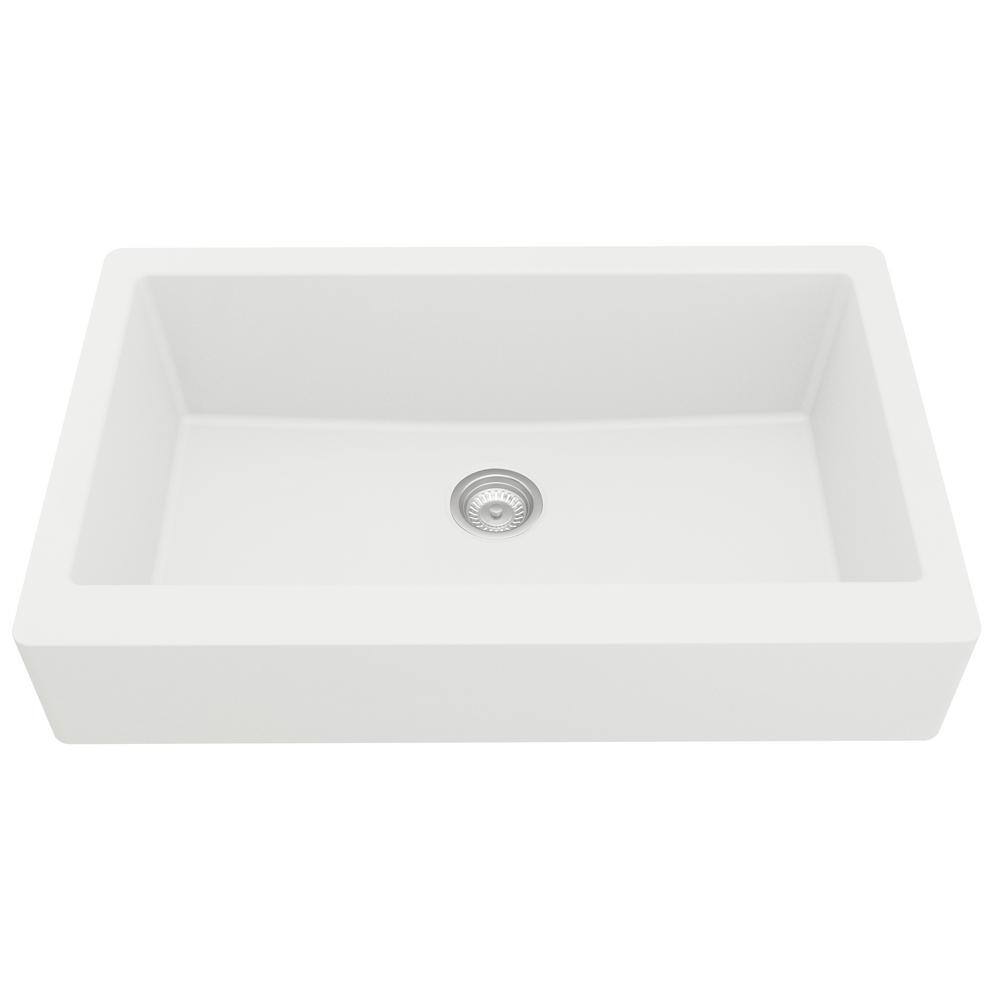 Karran QAR-740 QuartzGranite 34 in. Single Bowl Retrofit FarmhouseApron Front Kitchen Sink in White with Grid and Strainer QAR-740-WH-PK1