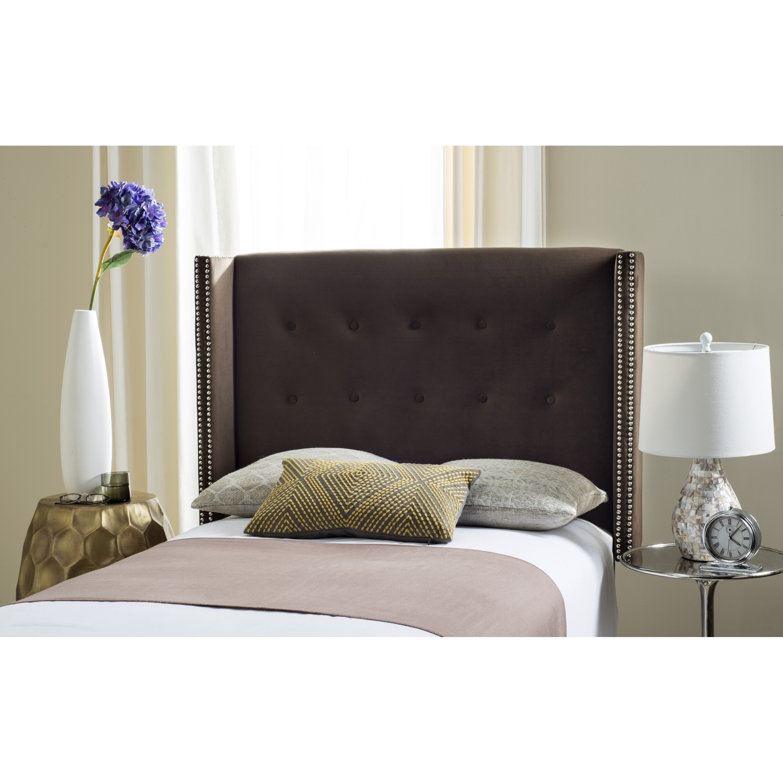 SAFAVIEH Keegan Chocolate Velvet Upholstered Wingback Headboard (Twin) - - 11923912