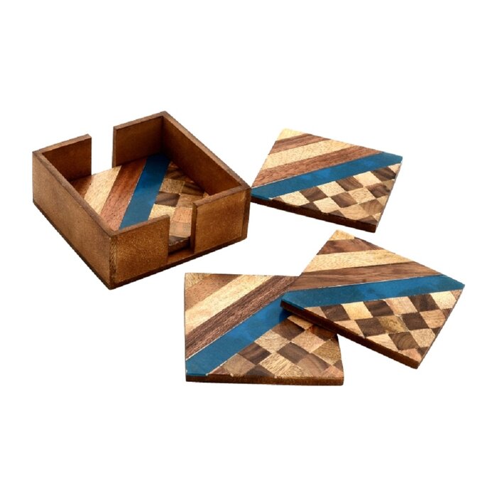 Wood Coasters， (4) Pieces Wooden Coasters Cup Coaster Set for Bar Kitchen Home Apartment， with Coaster Holder