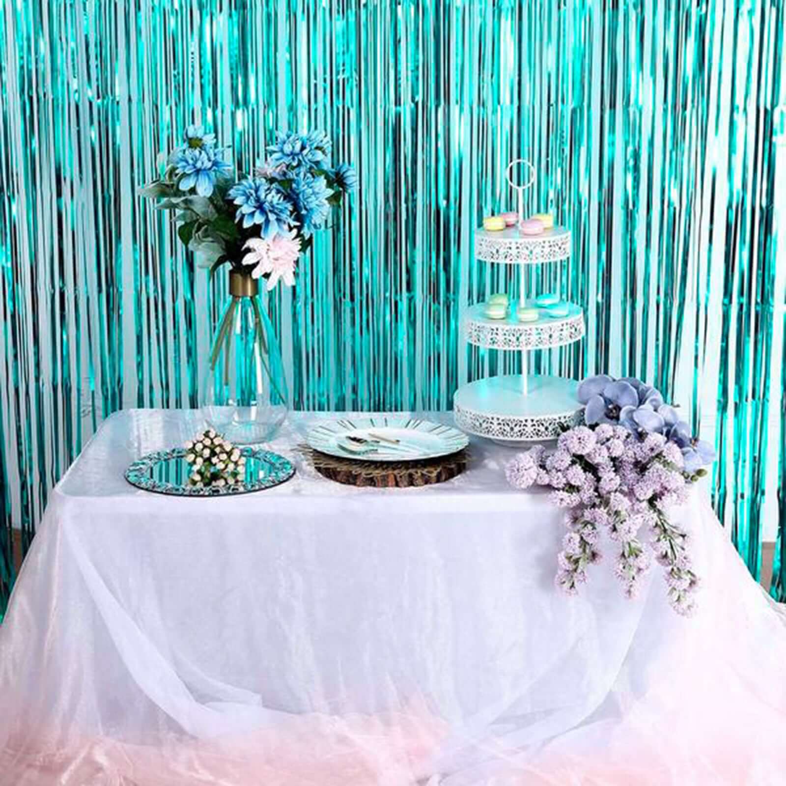 Turquoise Metallic Tinsel Foil Fringe Doorway Curtain Party Backdrop 8ft