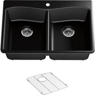 KOHLER Kennon Drop-inUndermount Neoroc Granite Composite 33 in. Double Bowl Kitchen Sink with Tournant Faucet in Matte Black K-8185-1 77515-VS