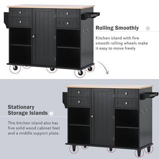 Black 52.8 in. W x 18.5 in. D x 36.4 in. H Kitchen Island Cart on 5-Wheels with Spice Rack Towel Rack and Drawer WF296AABWY