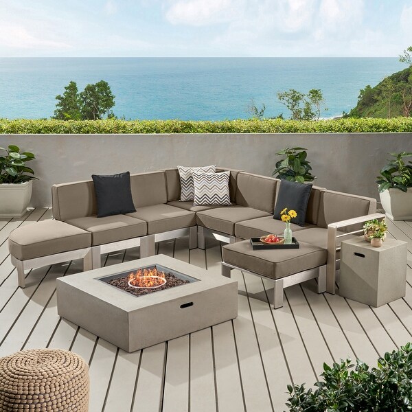 Cape Coral Half Round 5 Seater Sectional Set with Fire Pit and Tank Holder by Christopher Knight Home