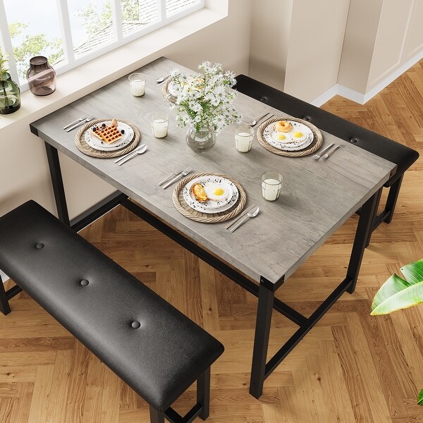 Dining Table Set for 4，Kitchen Table with 2 Upholstered Benches