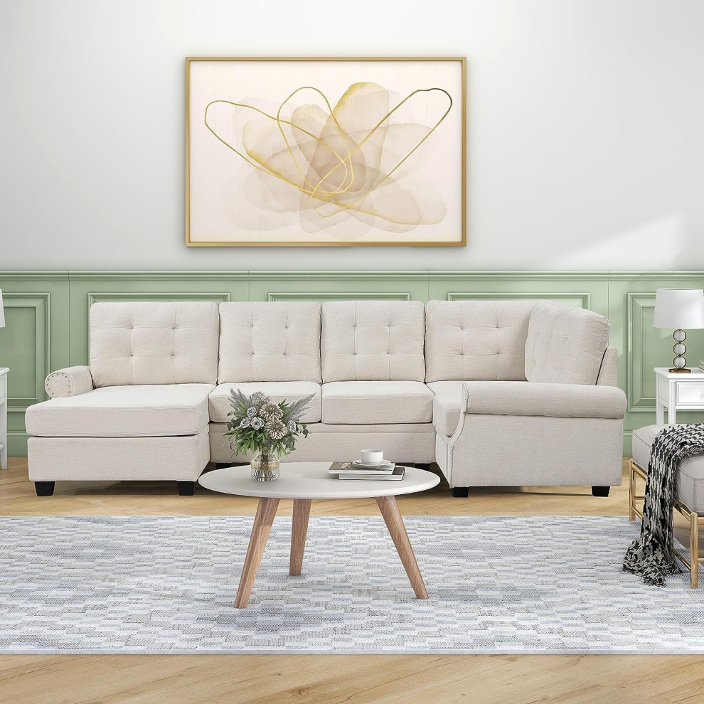 Traditional U Shaped Sectional Sofa  Square Tufted Back  ampNailhead Arms   Transitional   Sectional Sofas   by Decor Love  Houzz