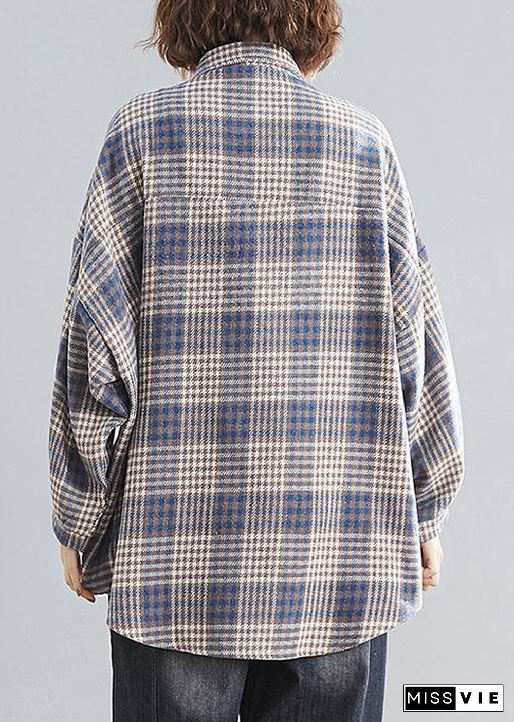 Natural blue plaid linen Blouse Fashion Ideas lapel Batwing Sleeve tops