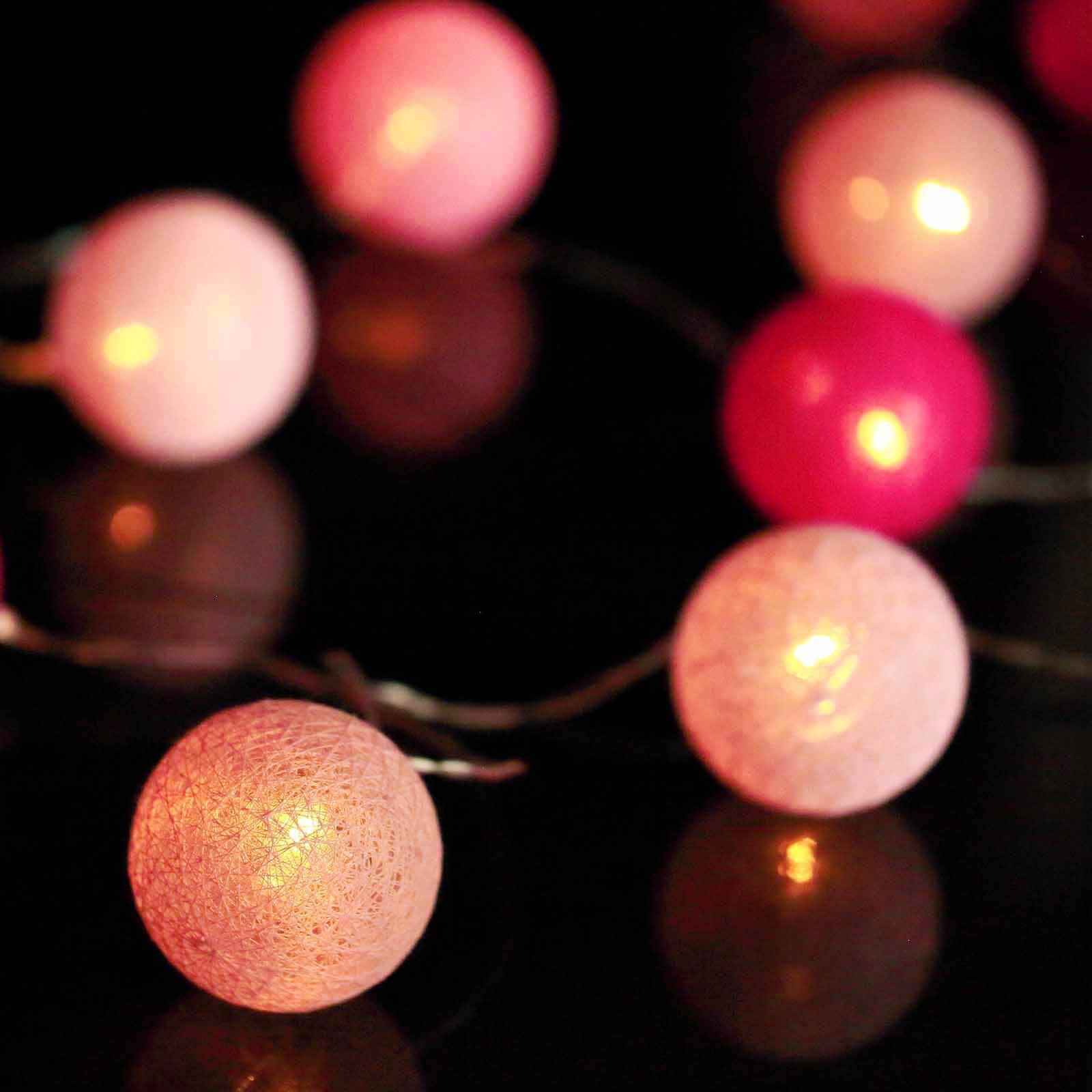 Pink Cotton Ball Battery Operated 20 LED String Light Garland, Warm White Light - Blush, Fuchsia, Pink 13ft