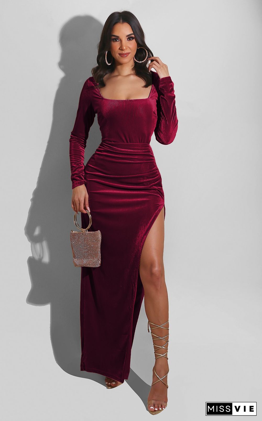 Velvet Long Sleeve High Slit Evening Dress