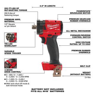 MW M18 FUEL GEN-3 18V Lithium-Ion Brushless Cordless 12 in. Compact Impact Wrench with Pin Detent (Tool-Only) 2855P-20