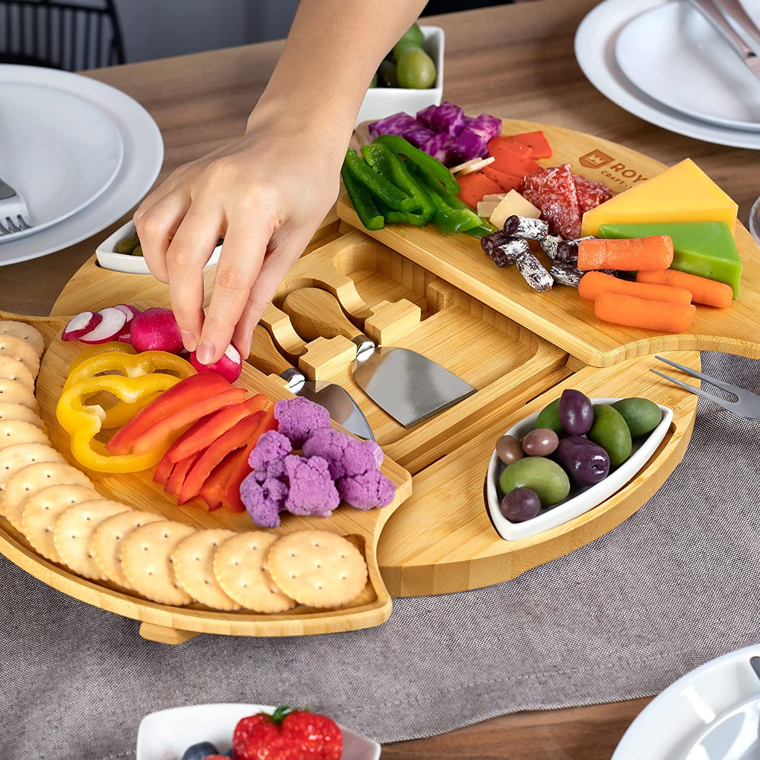 Large Round Cheese Board and Knife Set - Charcuterie Board， Bamboo Cheese Board Set， Cheese Platter Board， Cheese Tray Set， Cheese Cutting Board Set， Wooden Cheese Plate Set 13.7 Inch