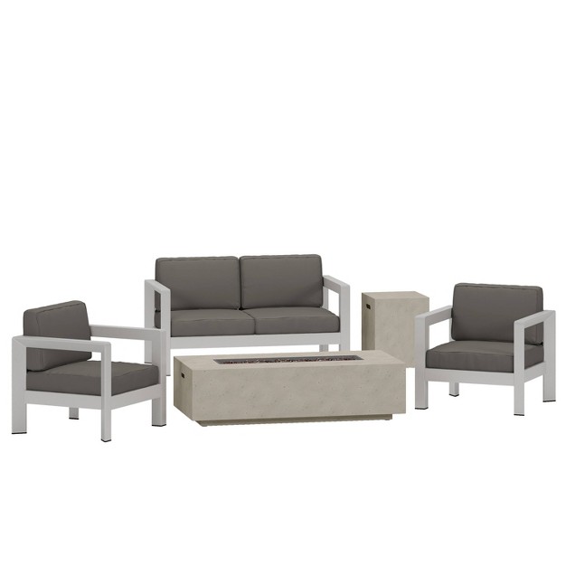 Aviara 5pc Aluminum Chat Set With Fire Pit Silver khaki And Light Gray Christopher Knight Home