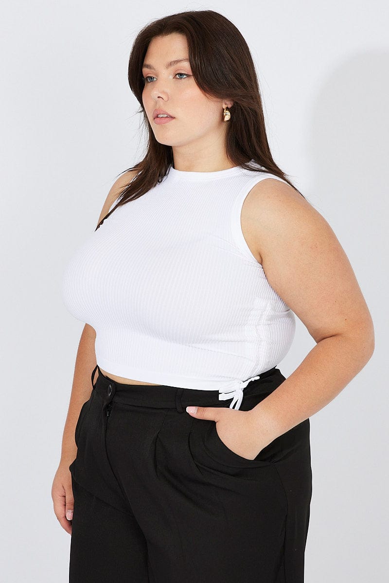 White Tank Top Crew Neck Seamless Side Ruched