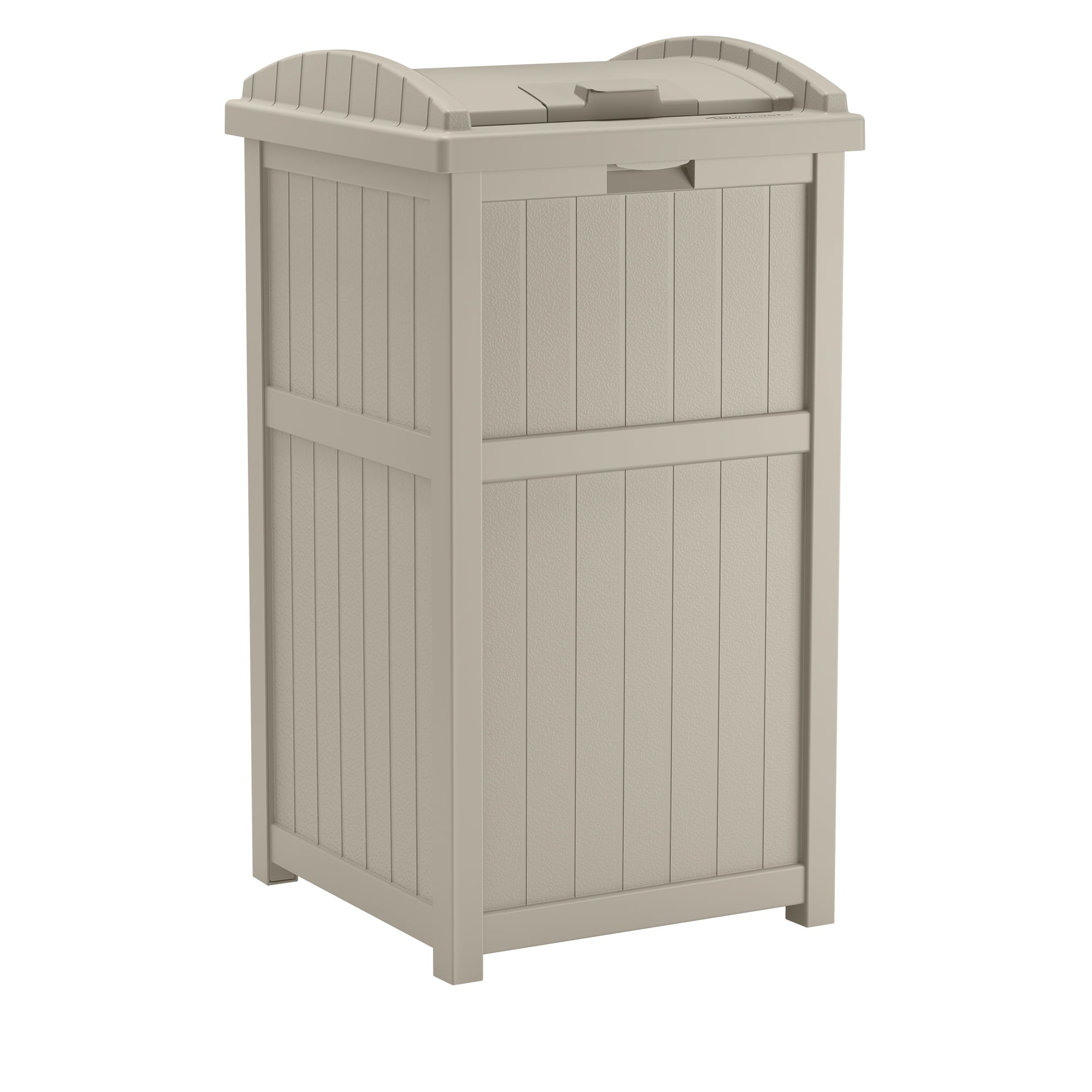 Suncast Outdoor Hideaway Trash Container for Patio, Taupe, 33 Gallon