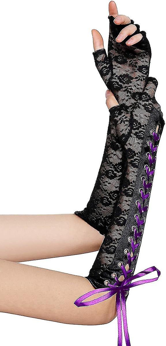 Women's Lace Costume With Open Finger Gloves， Ribbon Half Finger Etiquette Ball Gloves (black+purple)(2pcs)