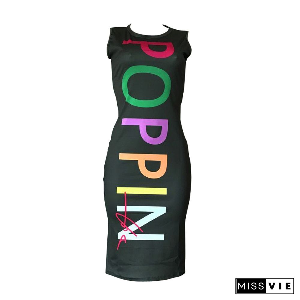 Women Letter Printed Sleeveless Bodycon Midi Dress