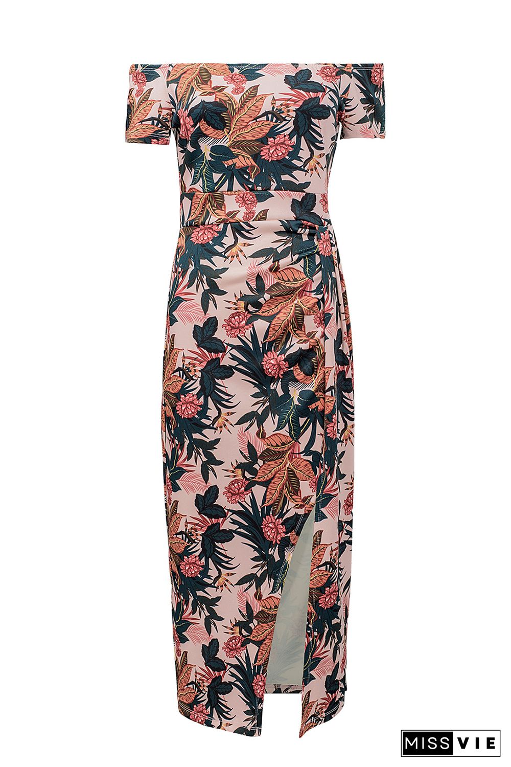 Pink Pattern Print Off Shoulder Slit Bodycon Midi Dress