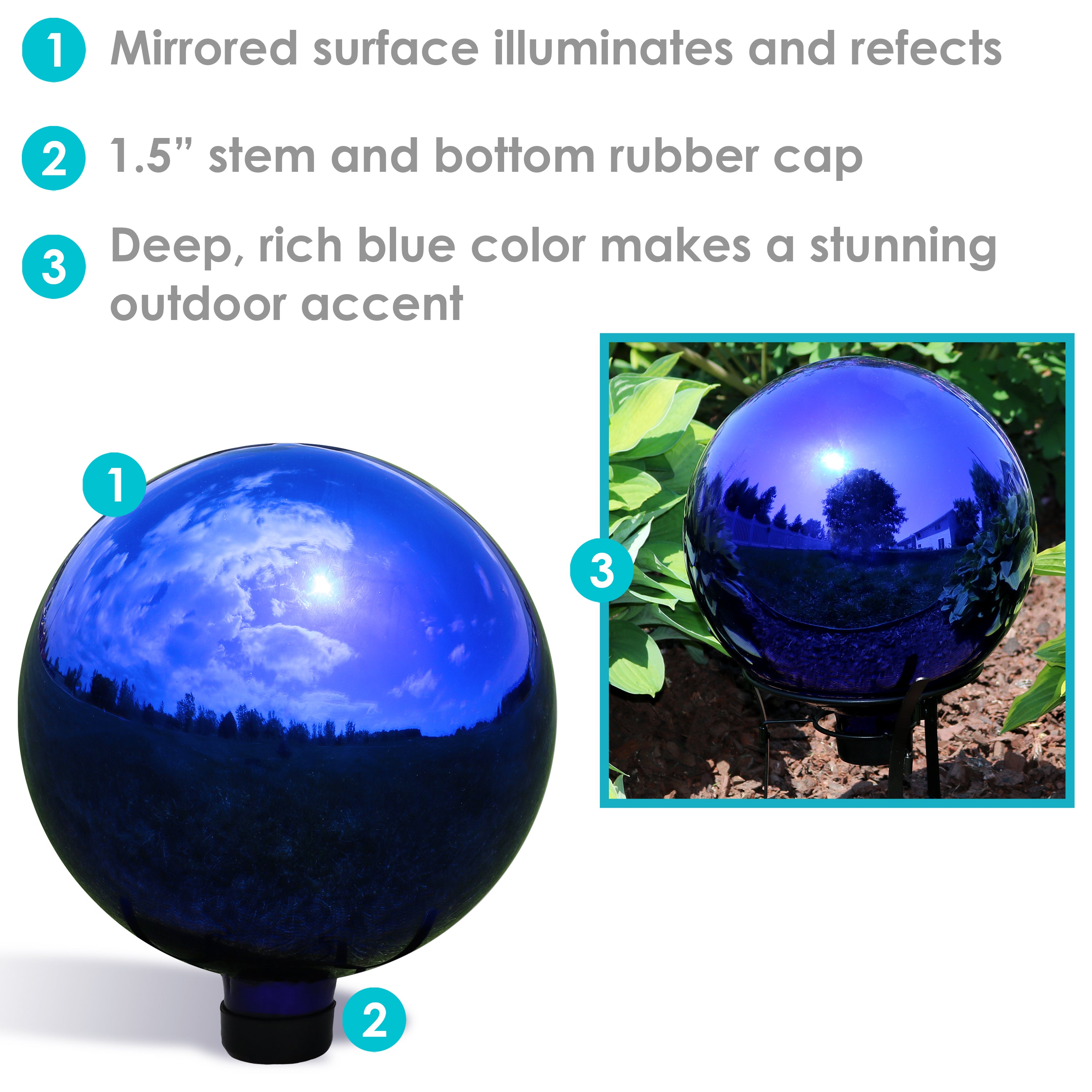 Sunnydaze Indoor/Outdoor Reflective Mirrored Surface Garden Gazing Globe Ball with Stemmed Bottom and Rubber Cap - 10" Diameter - Blue